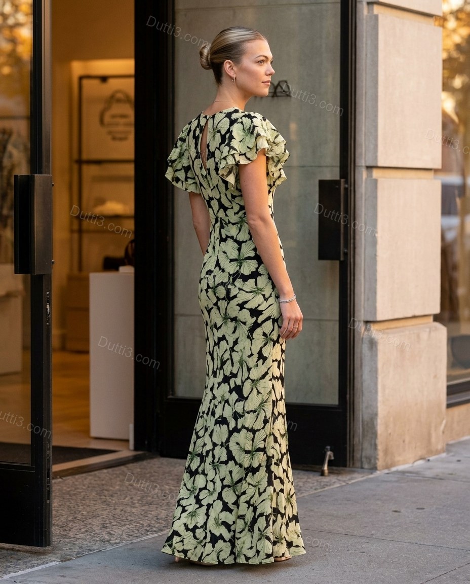 Black Floral Maxi Dress, three-quarter brand lifestyle view, by Dutti3