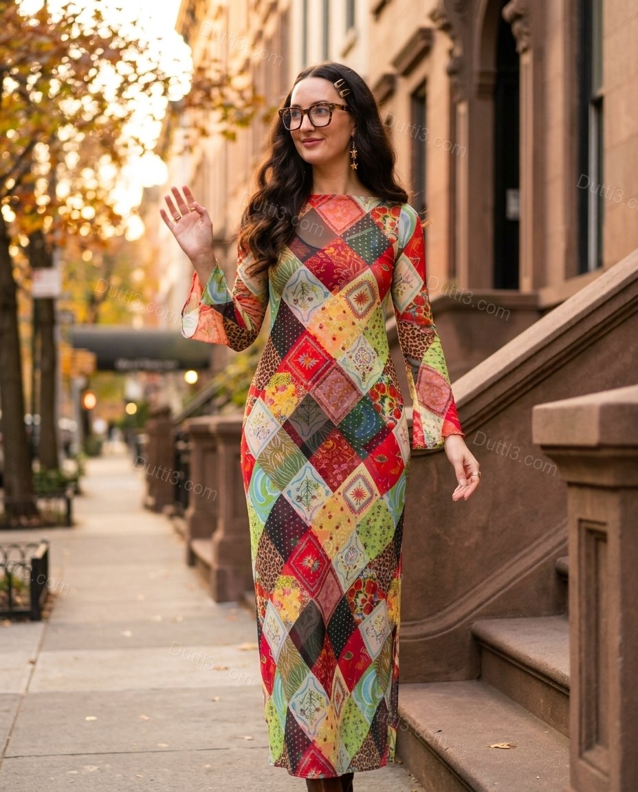 Multi-Color Patchwork Maxi Dress, alternate use-case lifestyle view, by Dutti3