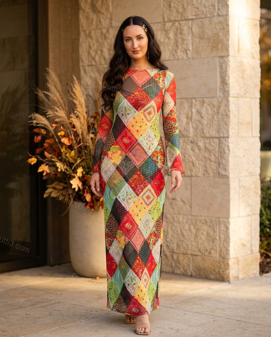 Multi-Color Patchwork Maxi Dress, full-length hero view, by Dutti3