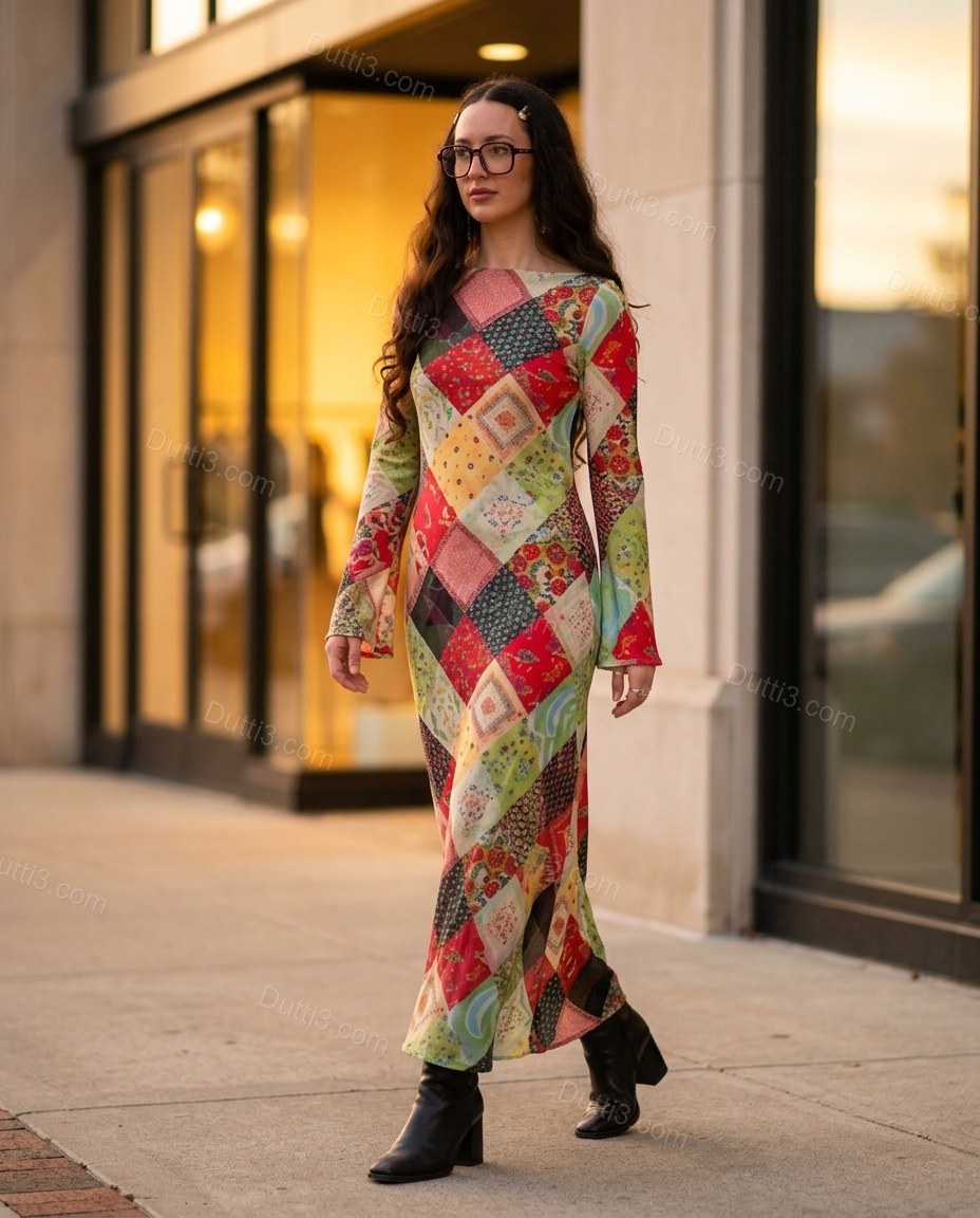 Multi-Color Patchwork Maxi Dress, movement and fit lifestyle view, by Dutti3