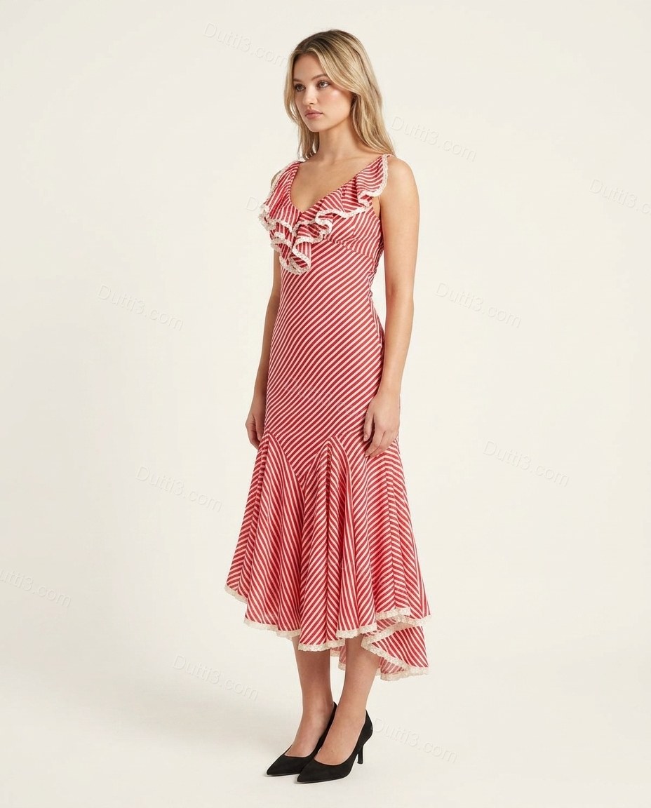 Red Striped Midi Ruffled Dress, side and back studio view, by Dutti3