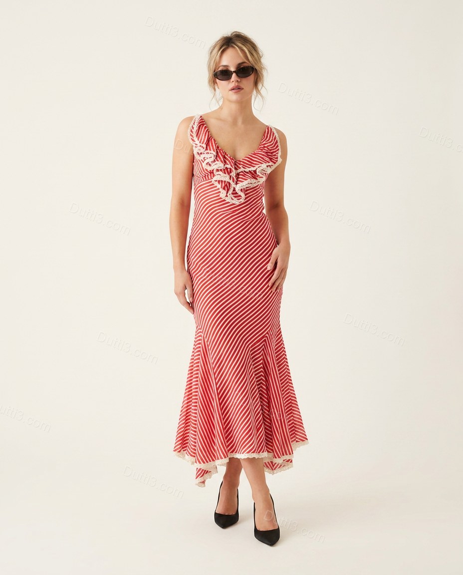 Red Striped Midi Ruffled Dress, front studio view, by Dutti3