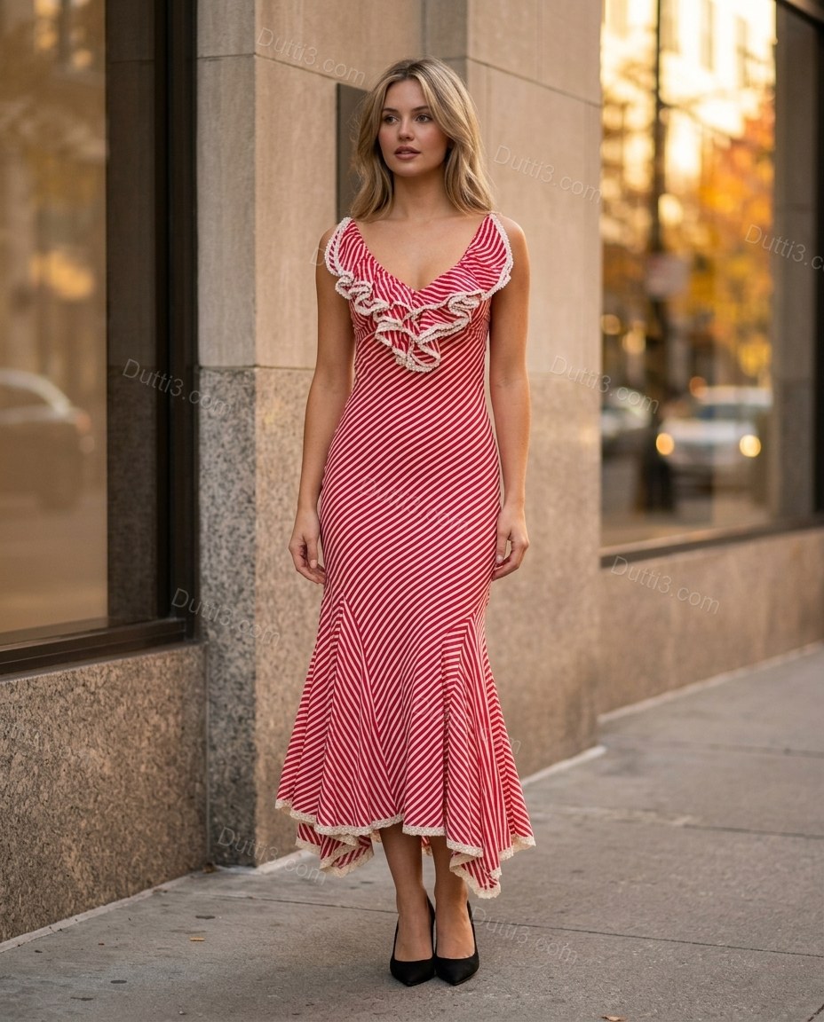 Red Striped Midi Ruffled Dress, three-quarter brand lifestyle view, by Dutti3