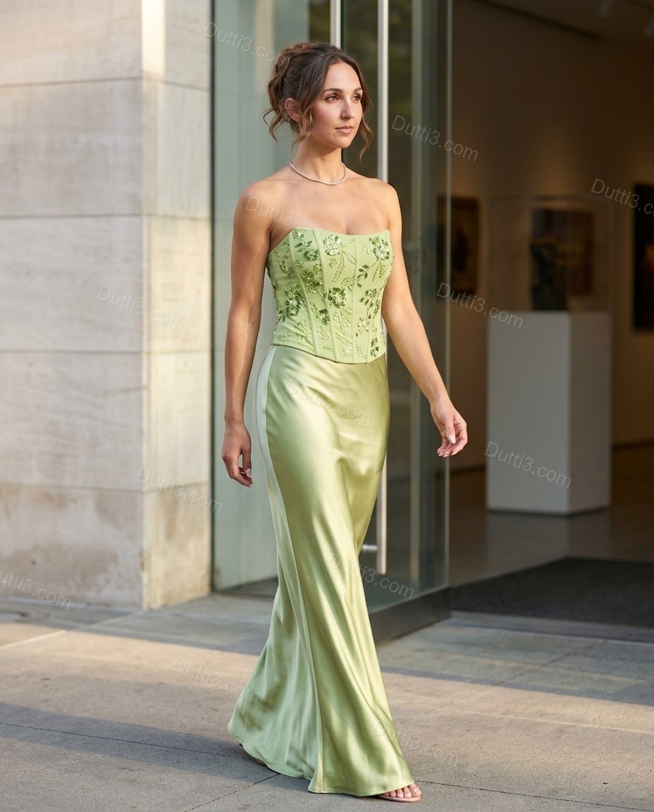 Light Green Floral Maxi Strapless Top & Skirt Set, alternate use-case lifestyle view, by Dutti3