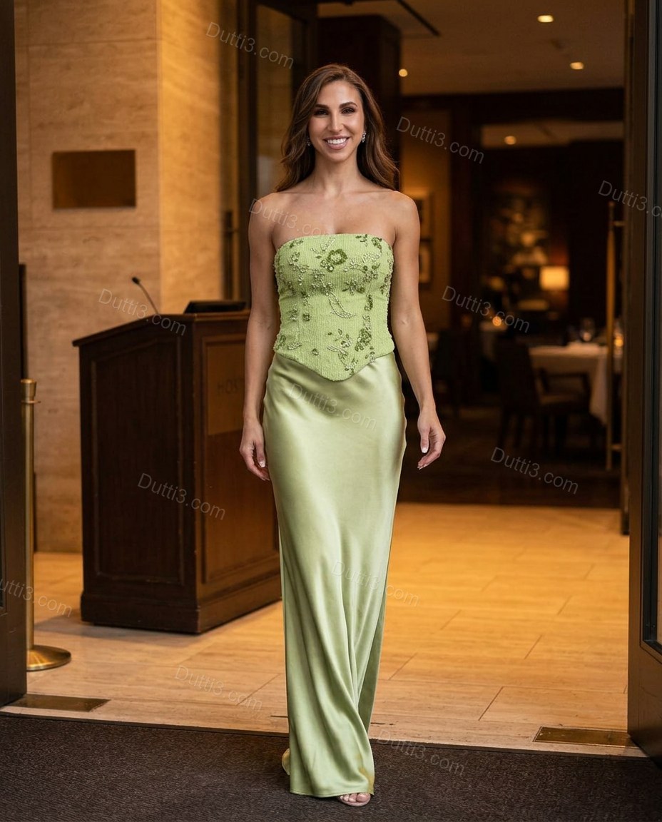 Light Green Floral Maxi Strapless Top & Skirt Set, movement and fit lifestyle view, by Dutti3