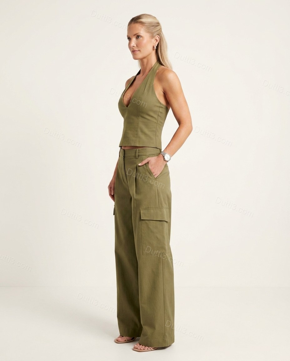 Green Halter Pleated Cotton Top & Pants Set, side and back studio view showing exposed zipper on the back of the halter top, by Dutti3