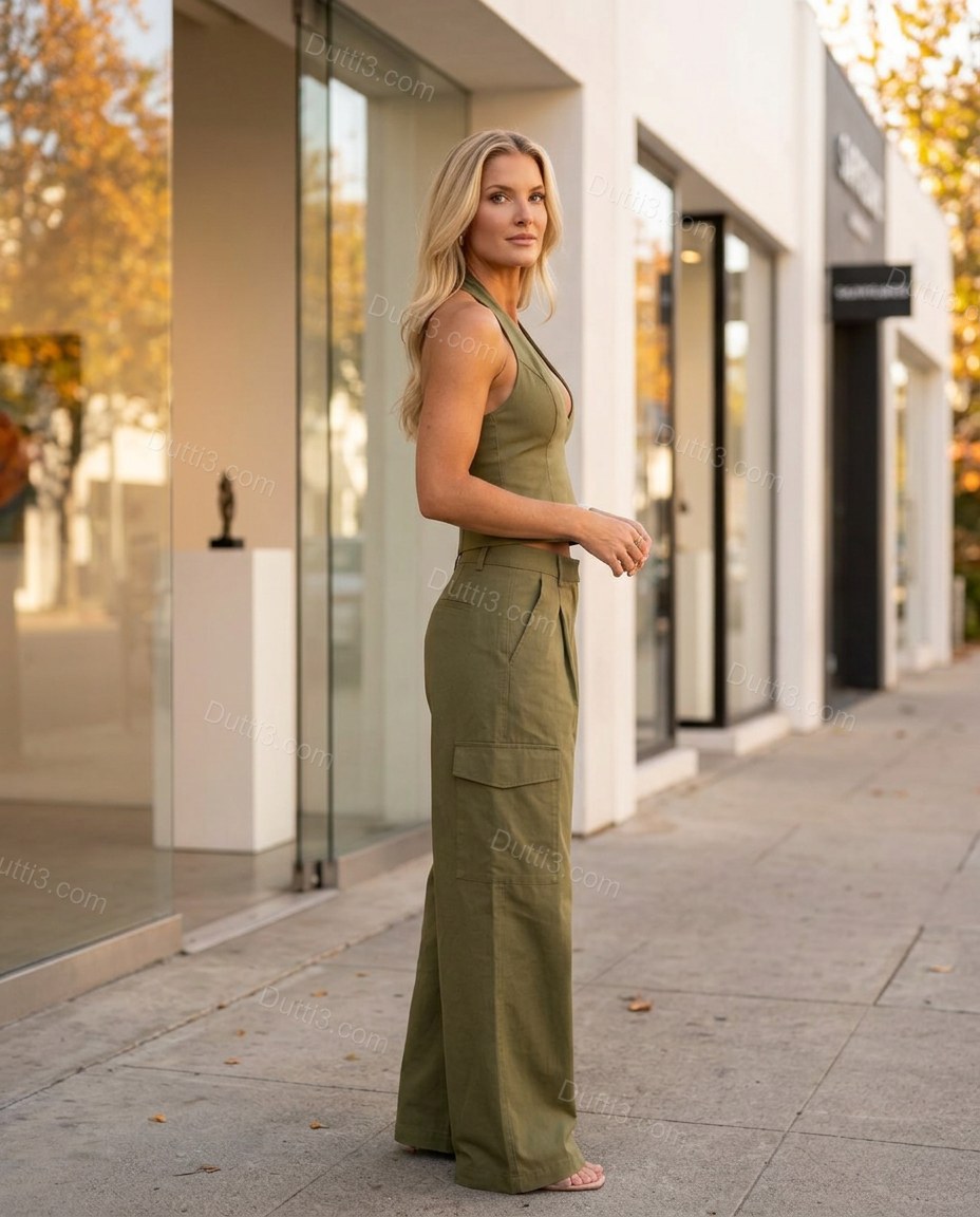 Green Halter Pleated Cotton Top & Pants Set, alternate use-case lifestyle view, by Dutti3