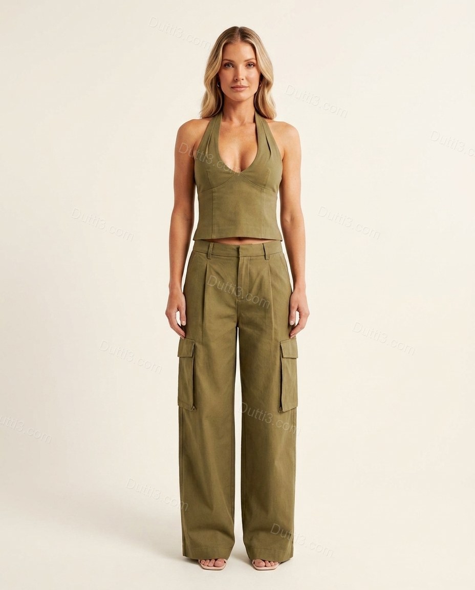 Green Halter Pleated Cotton Top & Pants Set, front studio view, by Dutti3