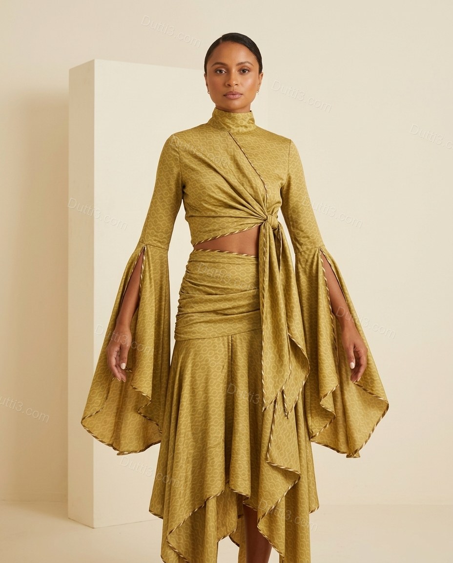 Olive Green Geometric Midi Tiered Top & Skirt Set, full-length hero view, by Dutti3