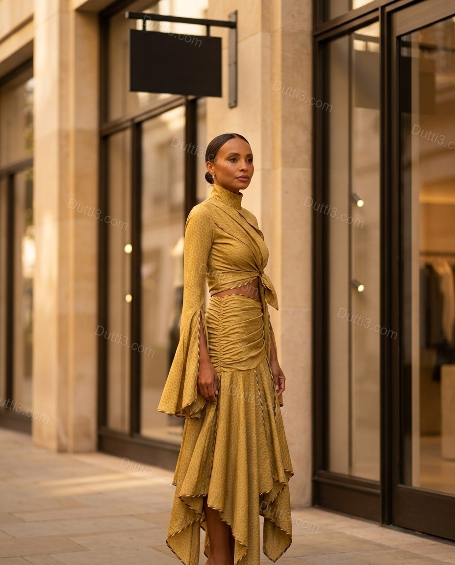 Olive Green Geometric Midi Tiered Top & Skirt Set, three-quarter brand lifestyle view, by Dutti3