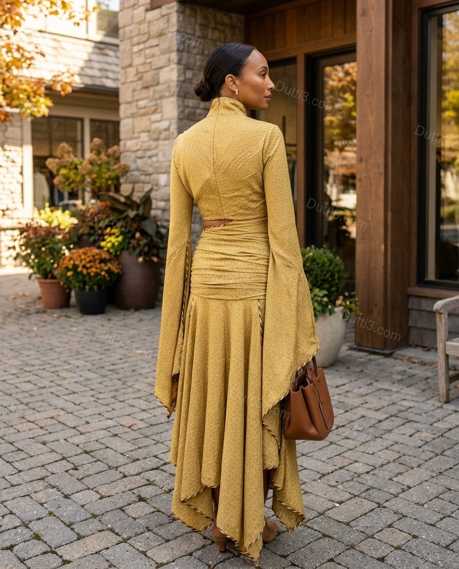 Olive Green Geometric Midi Tiered Top & Skirt Set, alternate use-case lifestyle view, by Dutti3