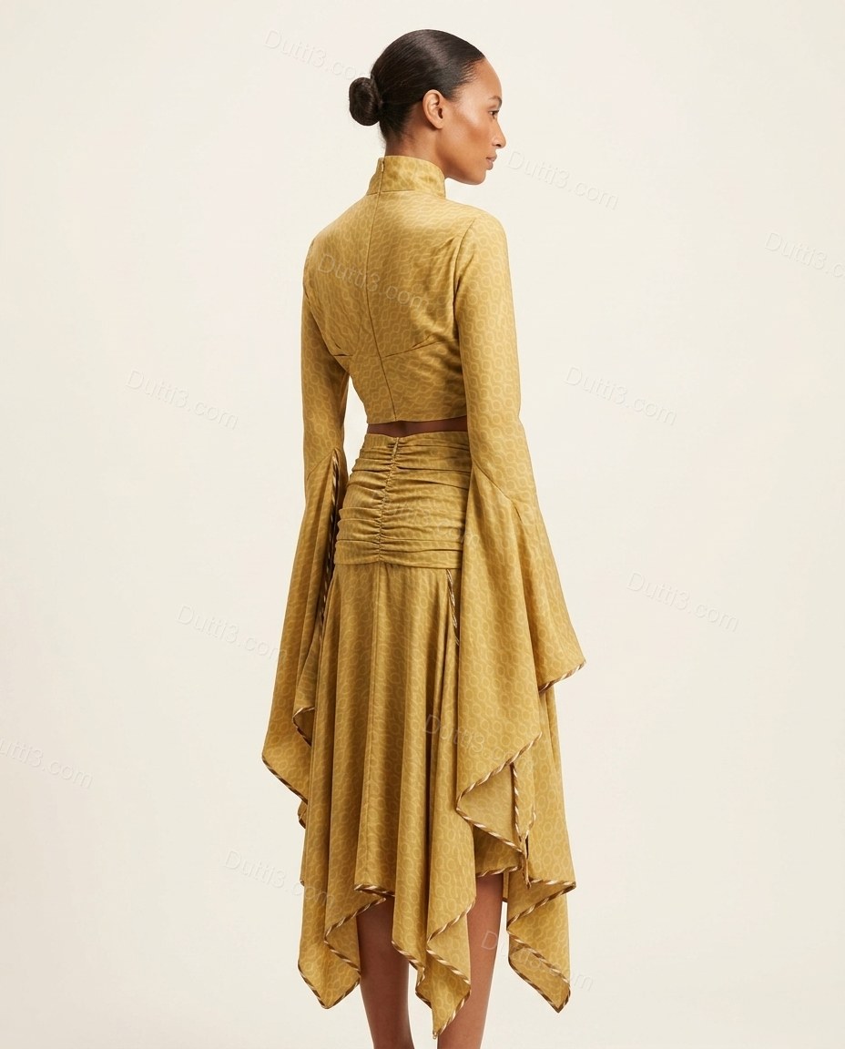 Olive Green Geometric Midi Tiered Top & Skirt Set, back studio view showing high-neck back, smooth bodice, and tiered skirt construction, by Dutti3