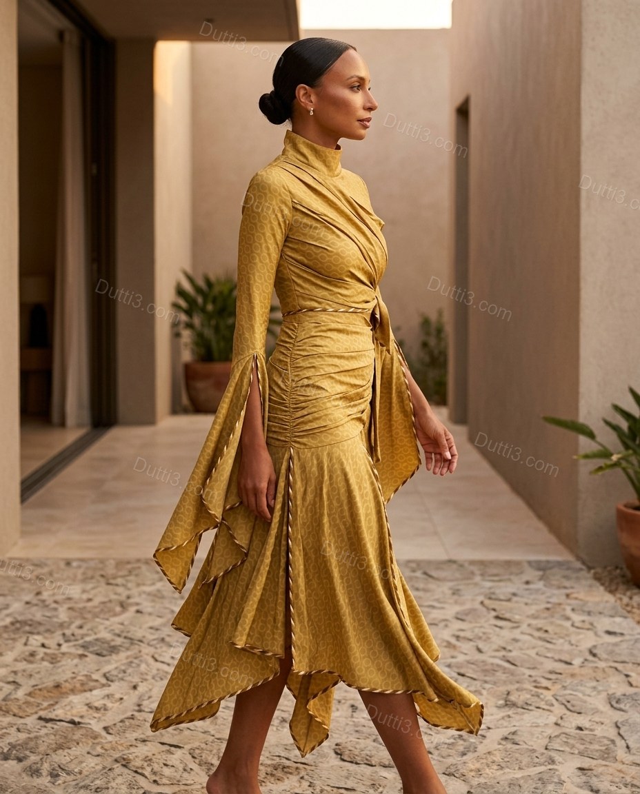 Olive Green Geometric Midi Tiered Top & Skirt Set, movement and fit lifestyle view, by Dutti3