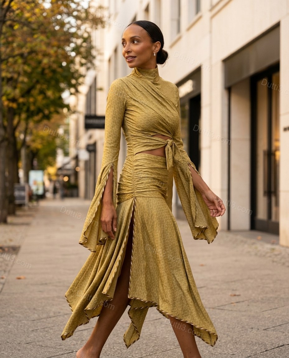 Olive Green Geometric Midi Tiered Top & Skirt Set, walking lifestyle view, by Dutti3