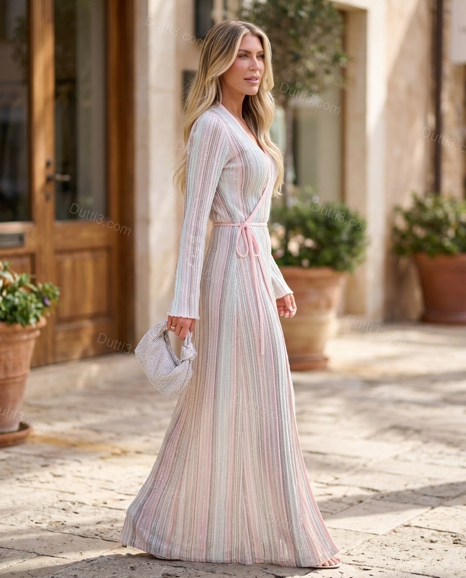 White Striped Maxi Knit Dress, alternate use-case lifestyle view, by Dutti3