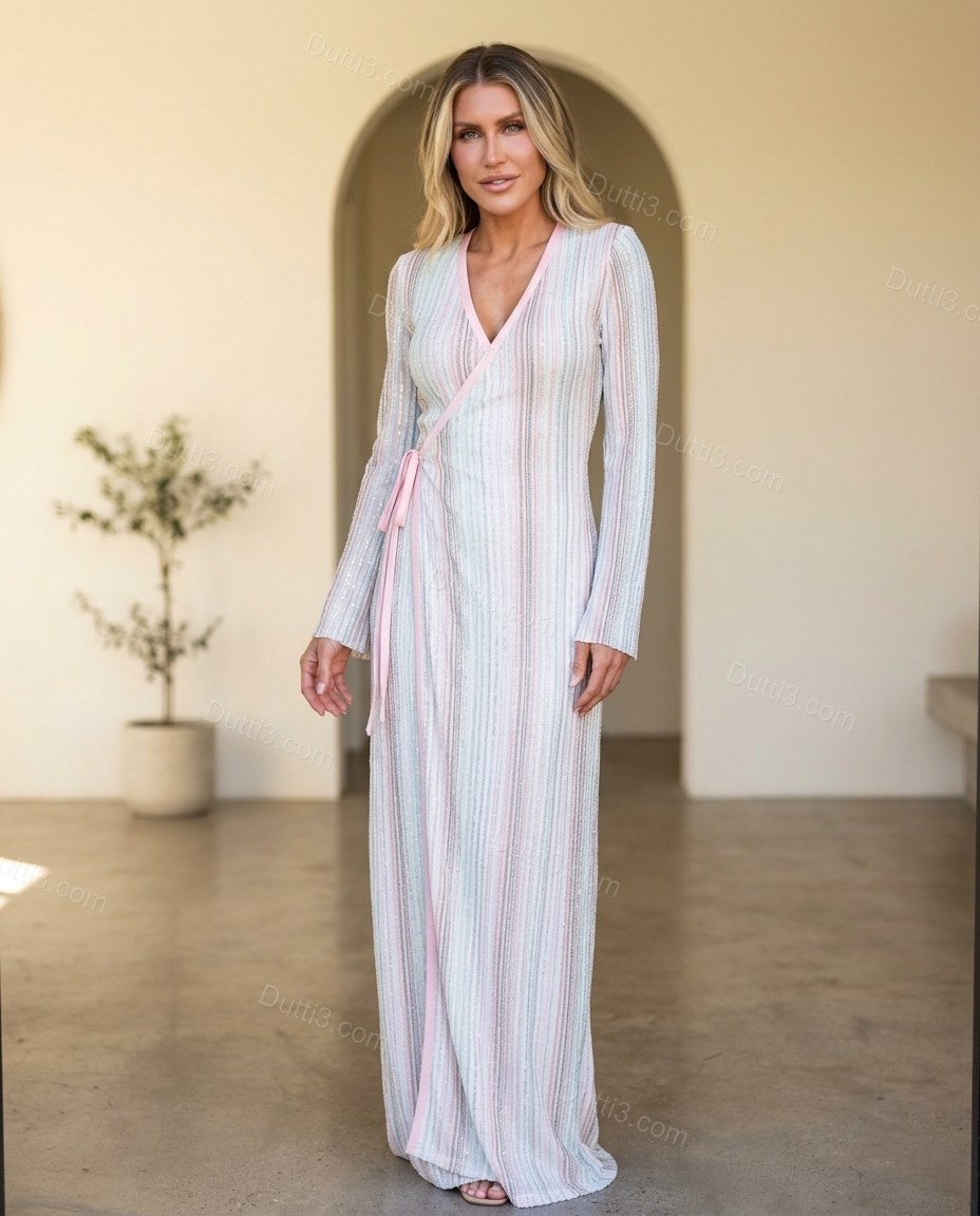 White Striped Maxi Knit Dress, full-length hero view, by Dutti3