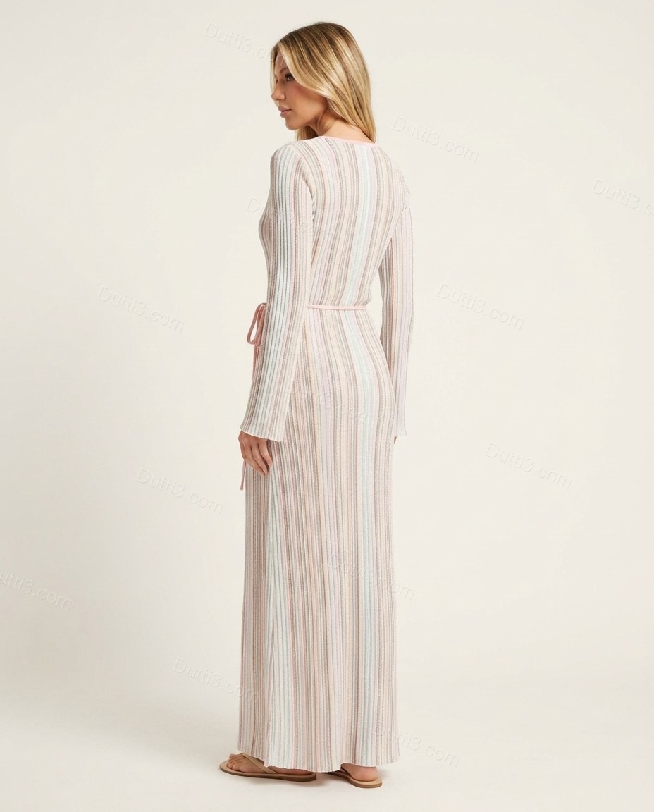 White Striped Maxi Knit Dress, back studio view, by Dutti3