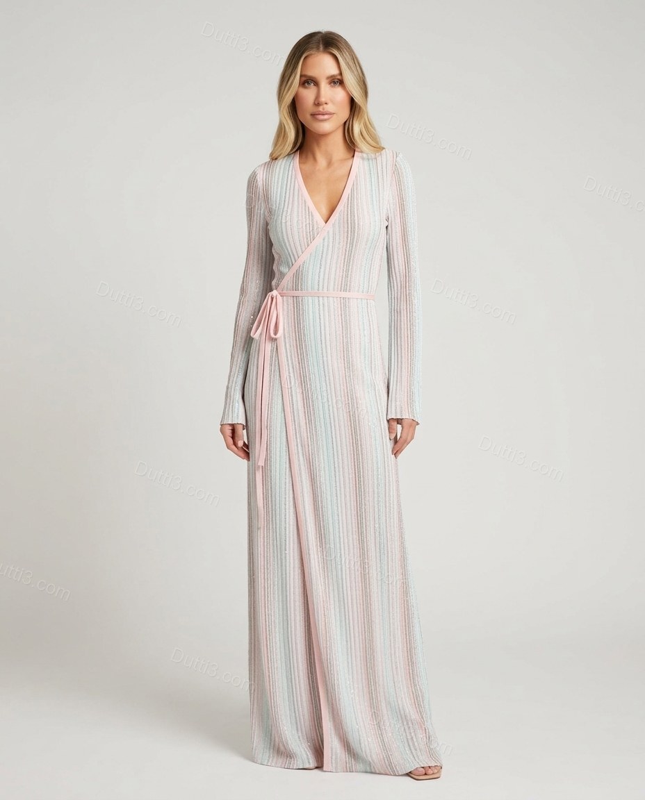 White Striped Maxi Knit Dress, front studio view, by Dutti3