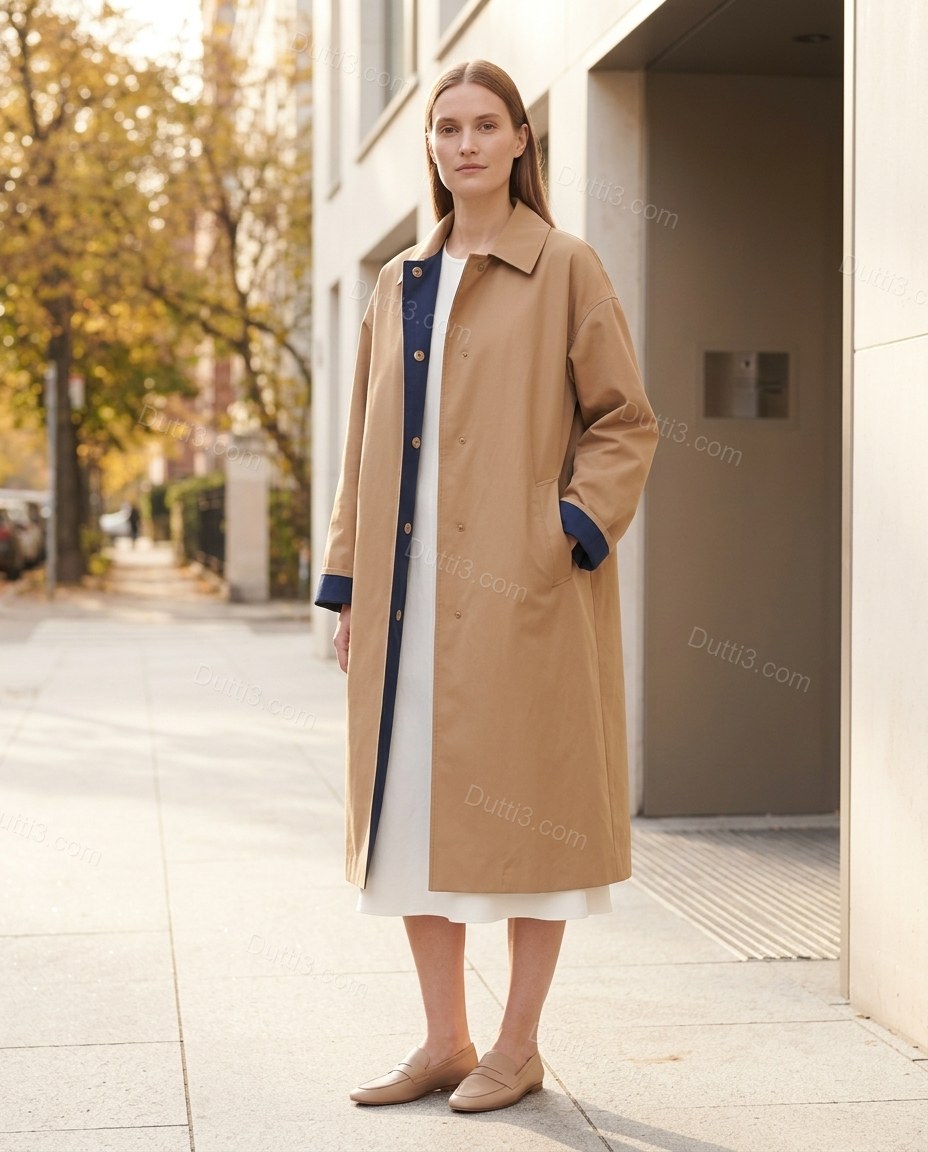 Tan Cotton Coat, full-length hero view, by Dutti3