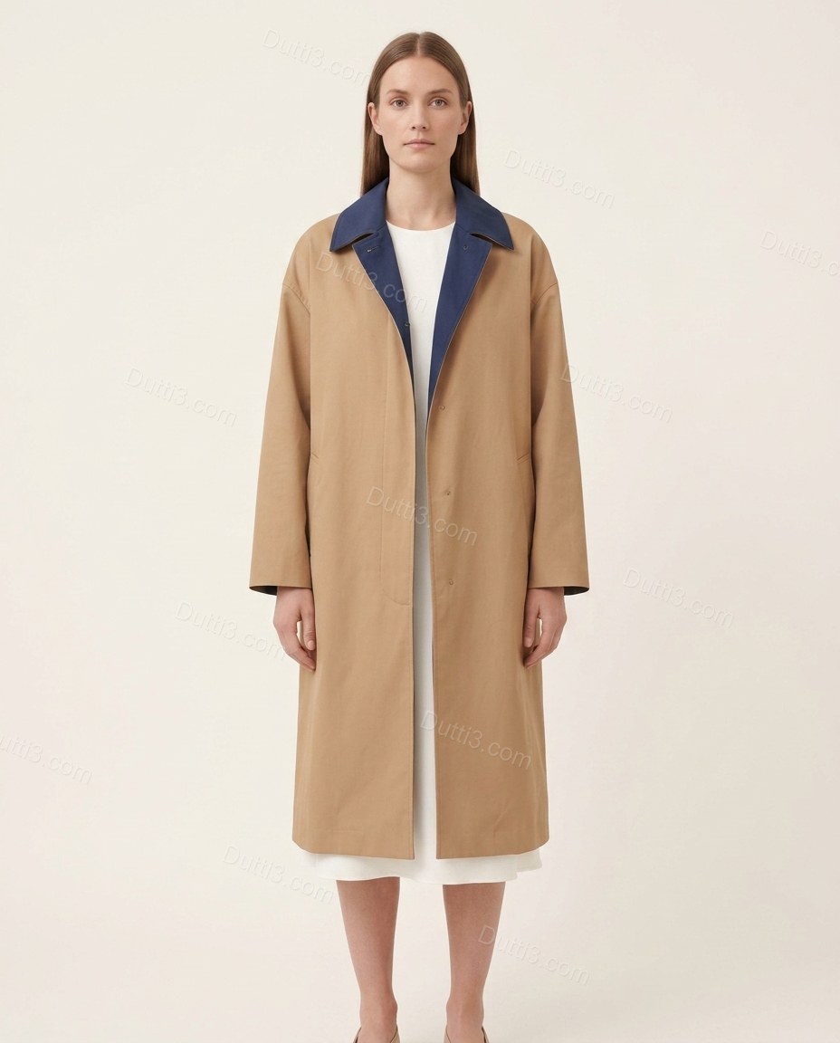 Tan Cotton Coat, front studio view, by Dutti3