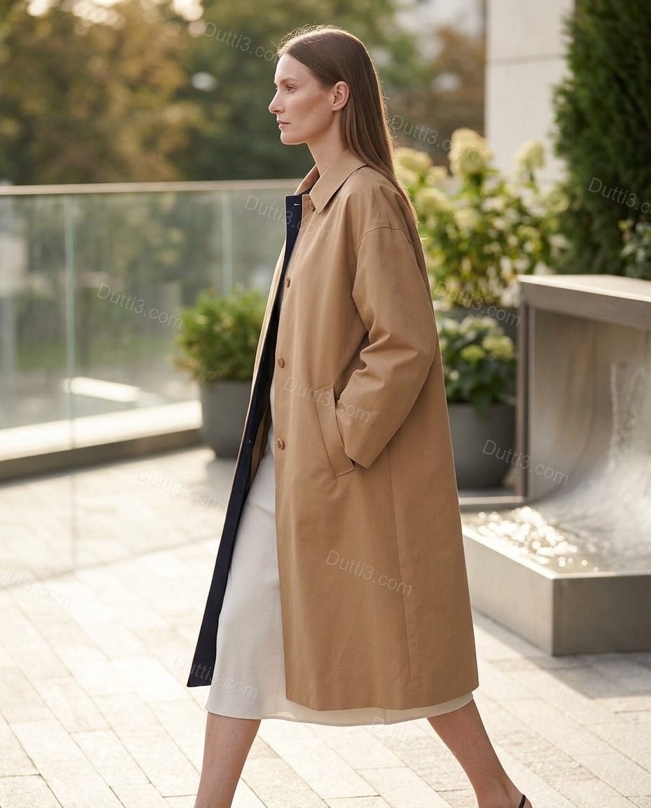 Tan Cotton Coat, walking lifestyle view, by Dutti3