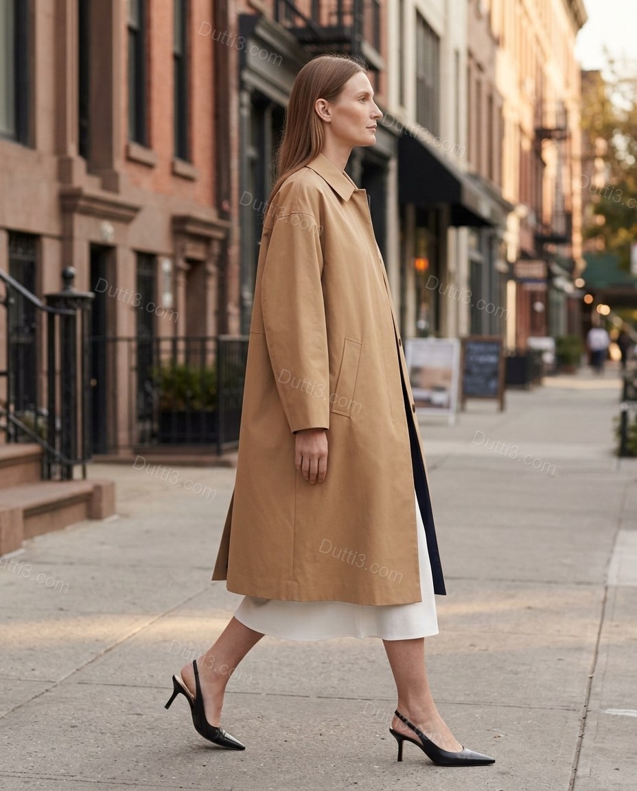 Tan Cotton Coat, movement and fit lifestyle view, by Dutti3