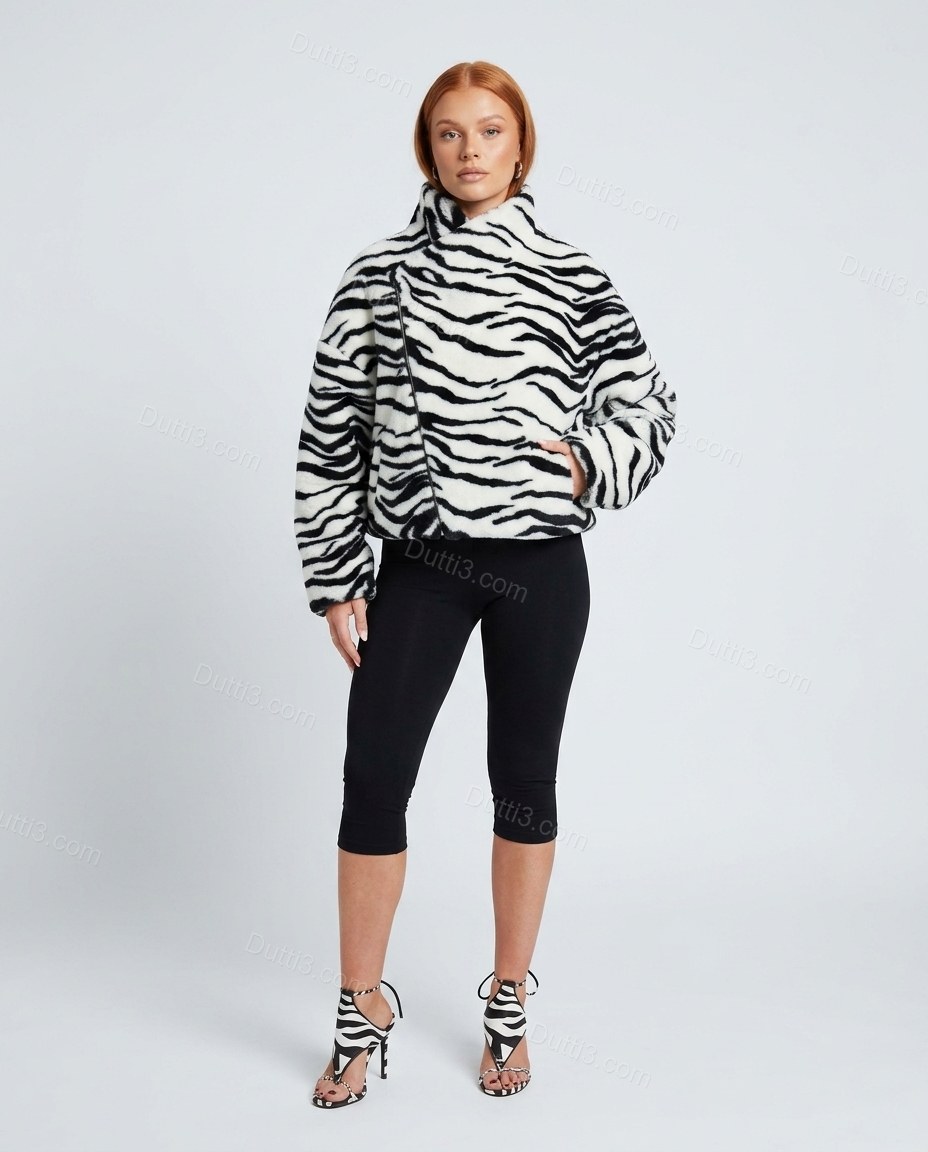 White Animal Print Asymmetric Jacket, front studio view, by Dutti3