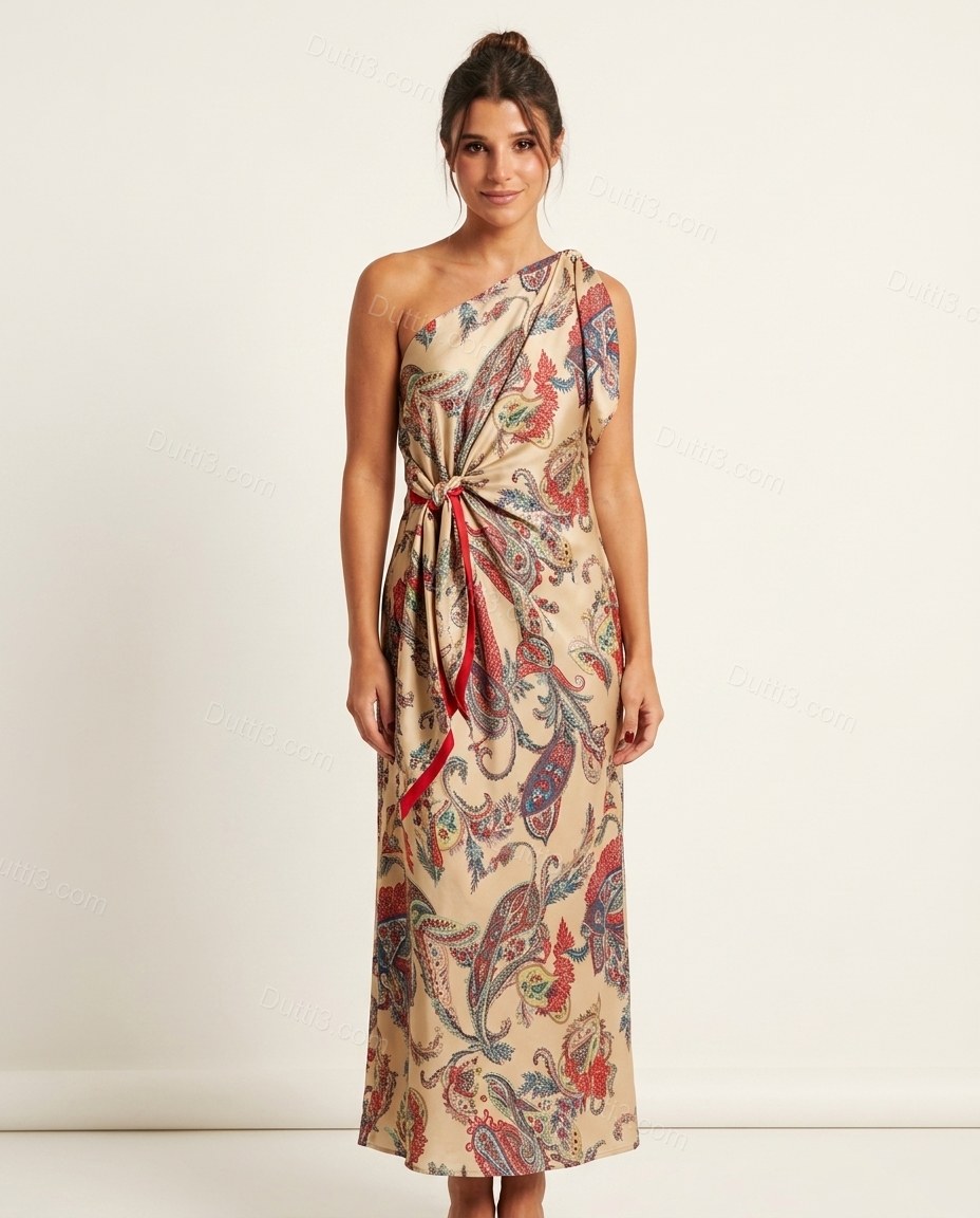 Beige Paisley Maxi One-Shoulder Dress, front studio view, by Dutti3