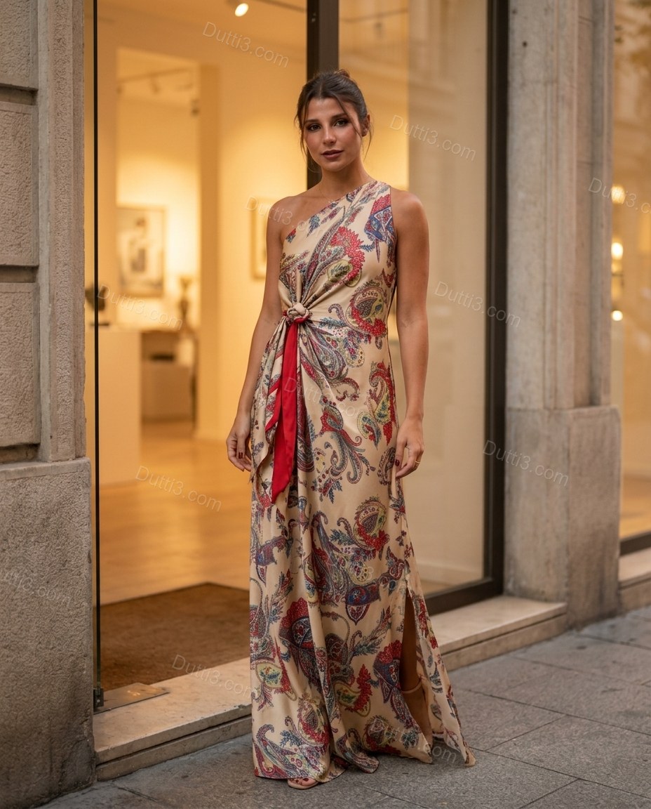Beige Paisley Maxi One-Shoulder Dress, three-quarter brand lifestyle view, by Dutti3
