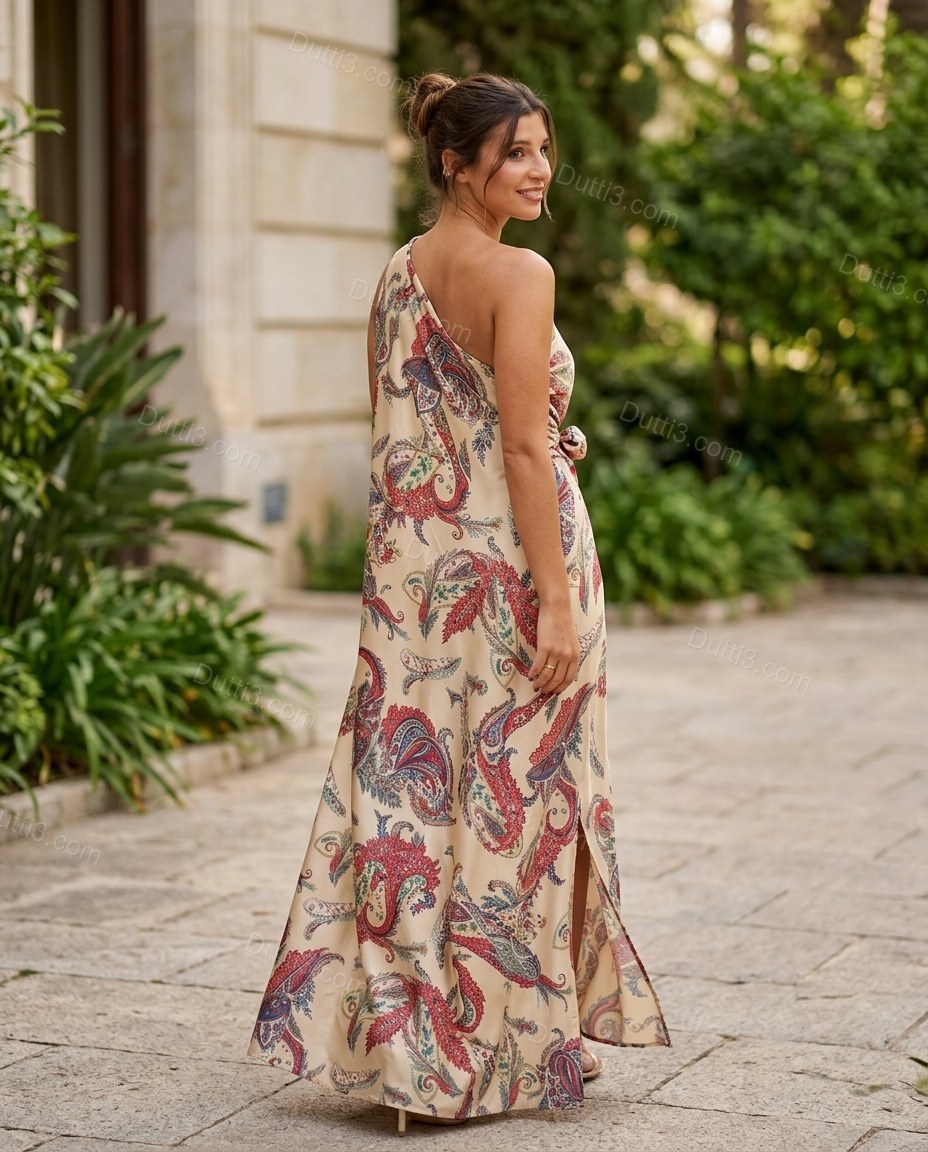 Beige Paisley Maxi One-Shoulder Dress, walking lifestyle view, by Dutti3