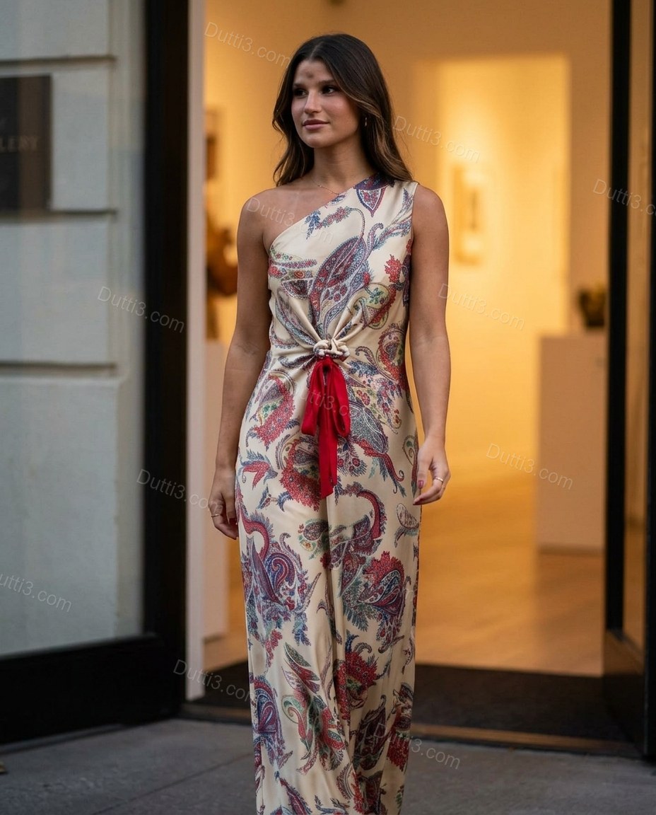 Beige Paisley Maxi One-Shoulder Dress, alternate use-case lifestyle view, by Dutti3