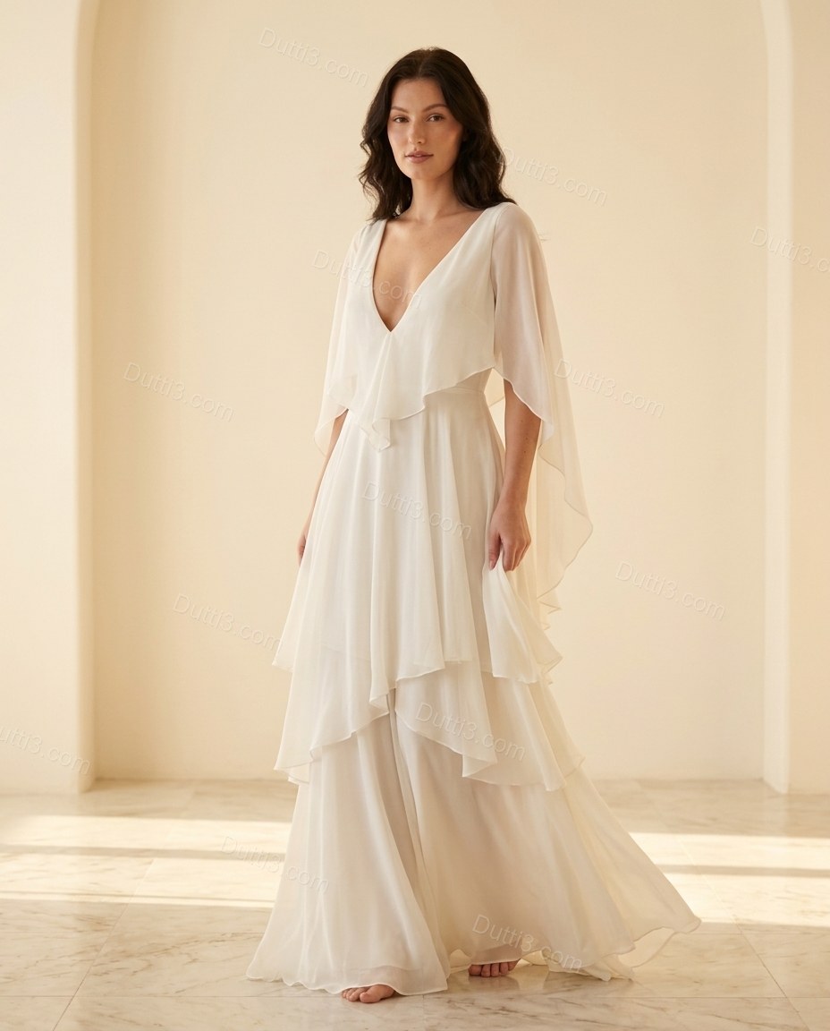 White Maxi Open-Back Ruffled Dress, full-length hero view, by Dutti3