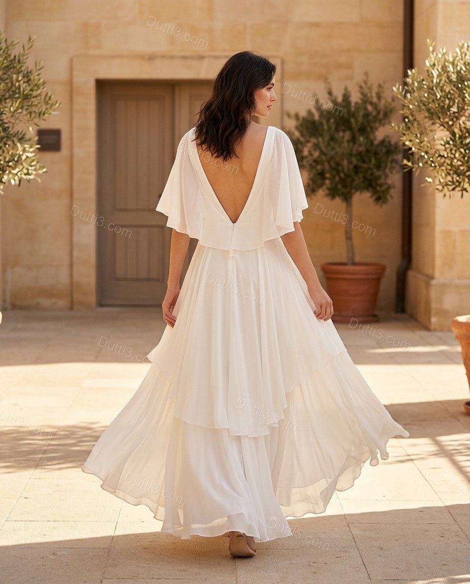 White Maxi Open-Back Ruffled Dress, walking lifestyle view, by Dutti3