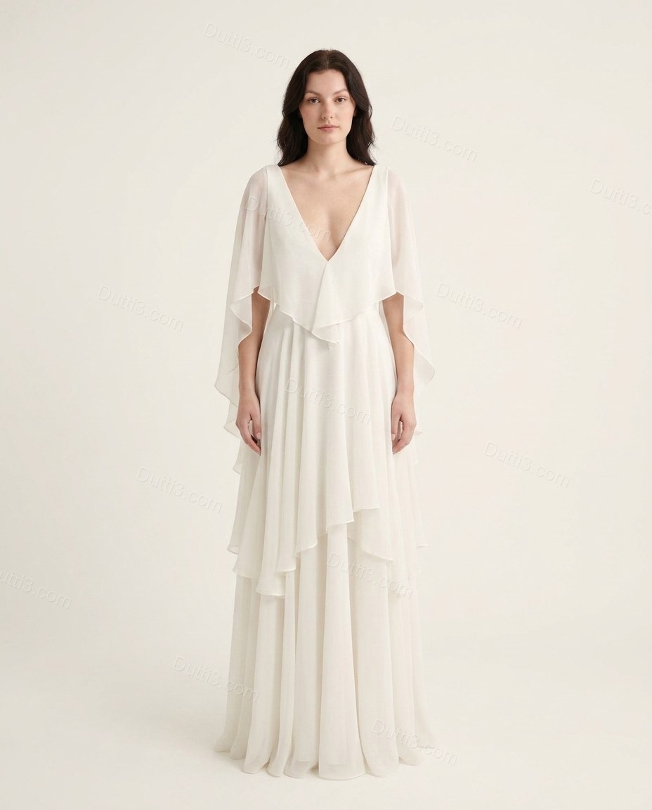 White Maxi Open-Back Ruffled Dress, front studio view, by Dutti3