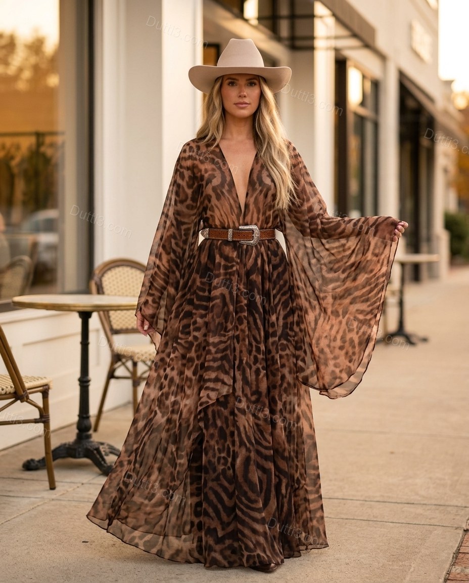 Brown Leopard Print Maxi Cape Dress, three-quarter brand lifestyle view, by Dutti3