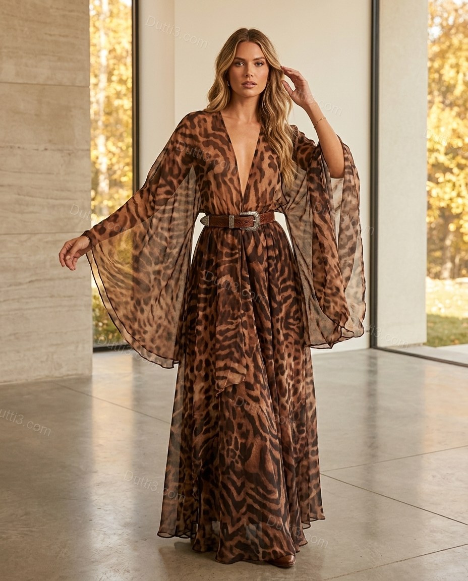 Brown Leopard Print Maxi Cape Dress, full-length hero view, by Dutti3