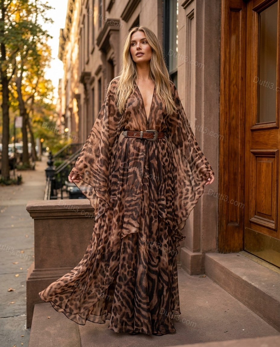 Brown Leopard Print Maxi Cape Dress, movement and fit lifestyle view, by Dutti3