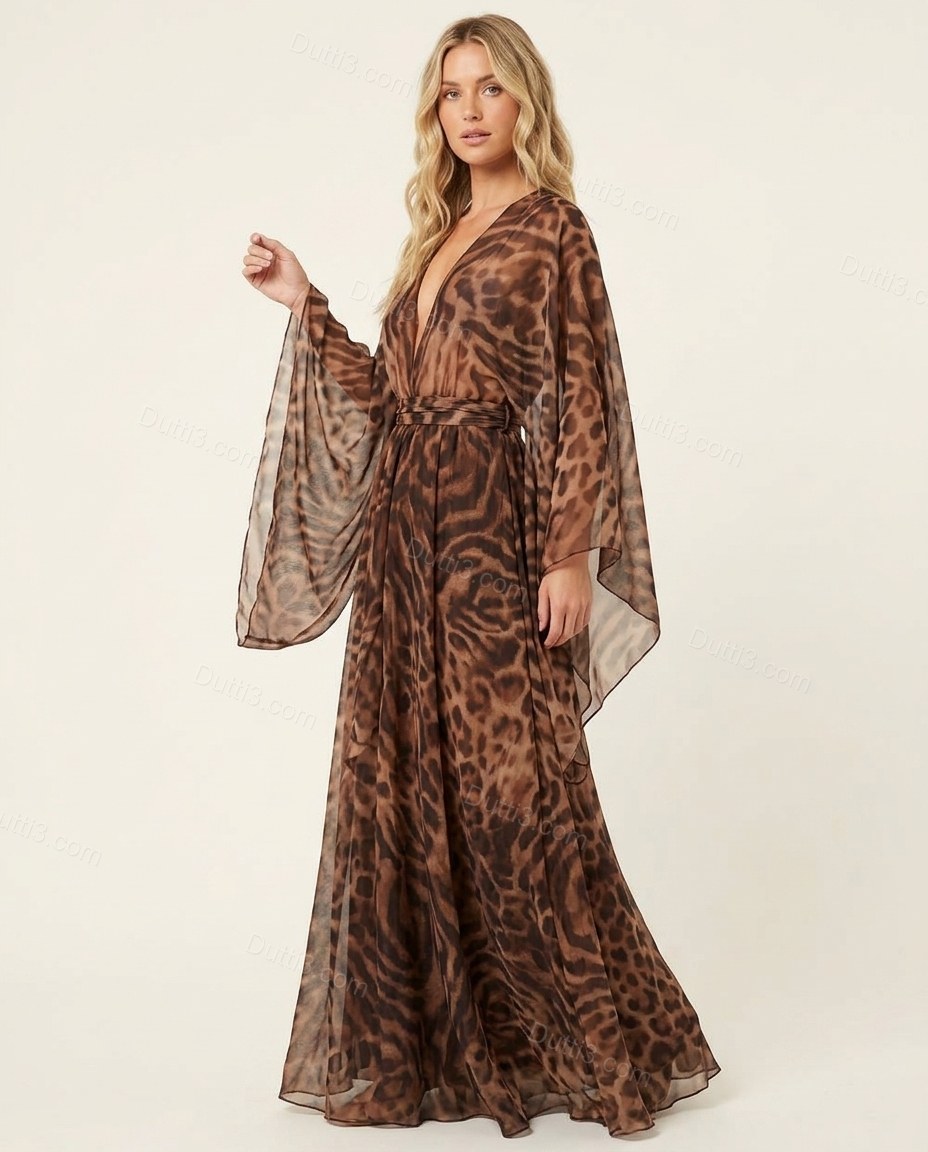 Brown Leopard Print Maxi Cape Dress, side and back studio view, by Dutti3