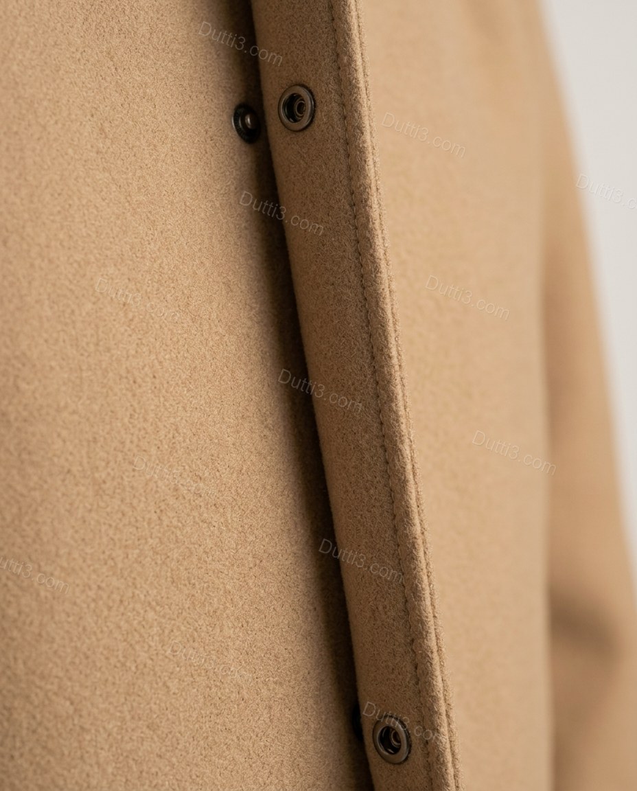 Tan Asymmetric Jacket, close-up of snap button closure, side welt pockets and funnel neck, by Dutti3
