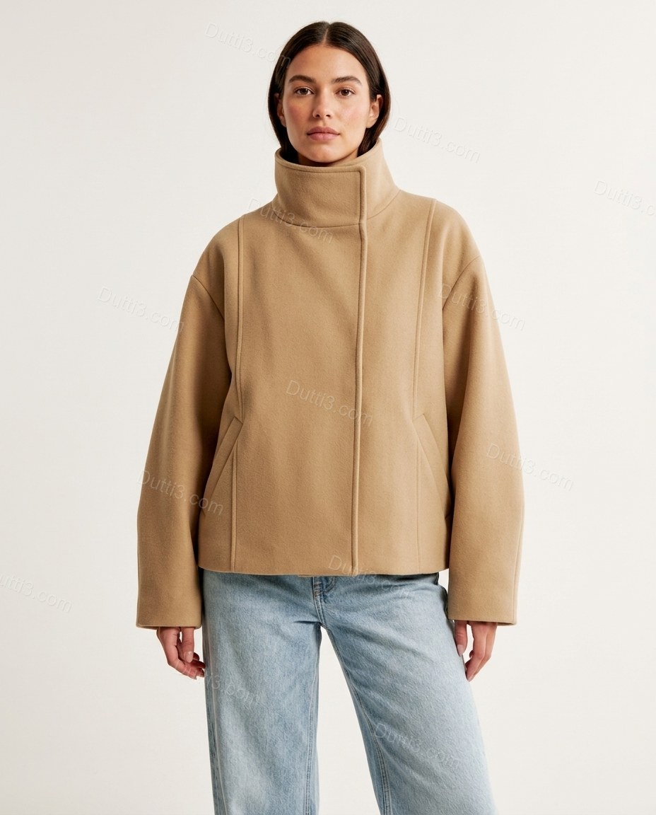 Tan Asymmetric Jacket, front studio view, by Dutti3