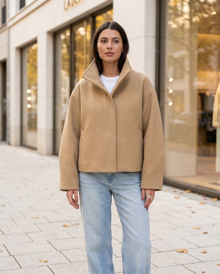 Tan Asymmetric Jacket, full-length hero view, by Dutti3