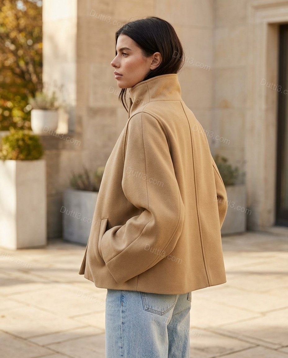 Tan Asymmetric Jacket, alternate use-case lifestyle view, by Dutti3