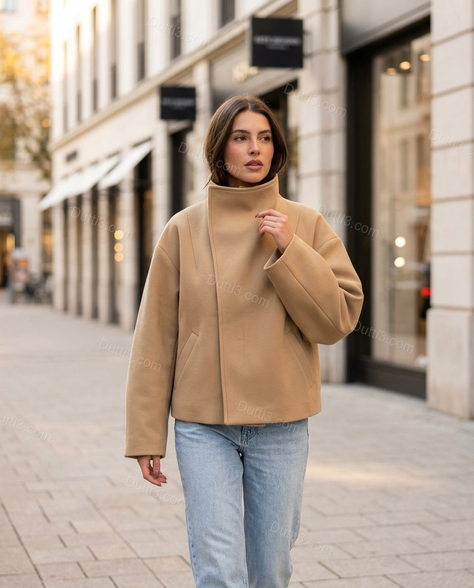 Tan Asymmetric Jacket, three-quarter brand lifestyle view, by Dutti3