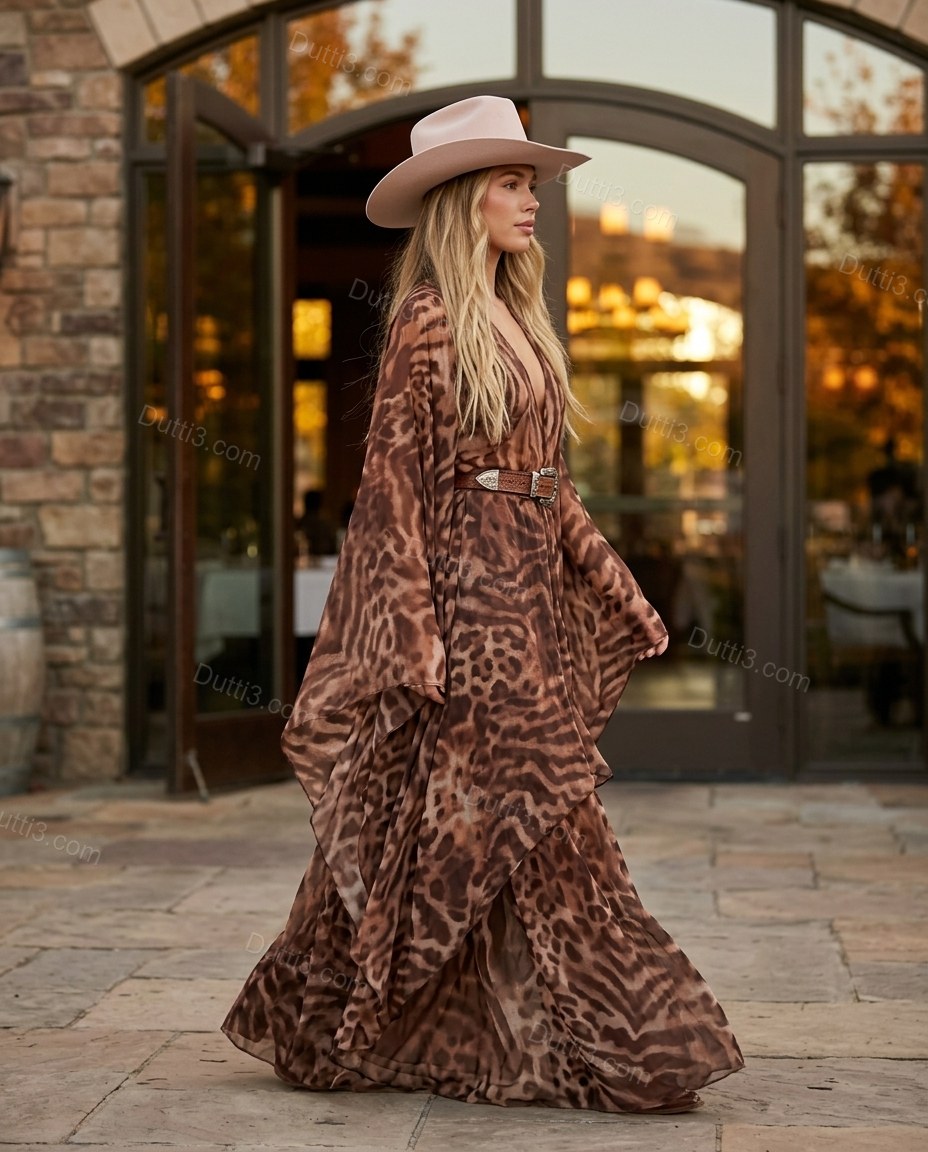 Brown Leopard Print Maxi Cape Dress, walking lifestyle view, by Dutti3