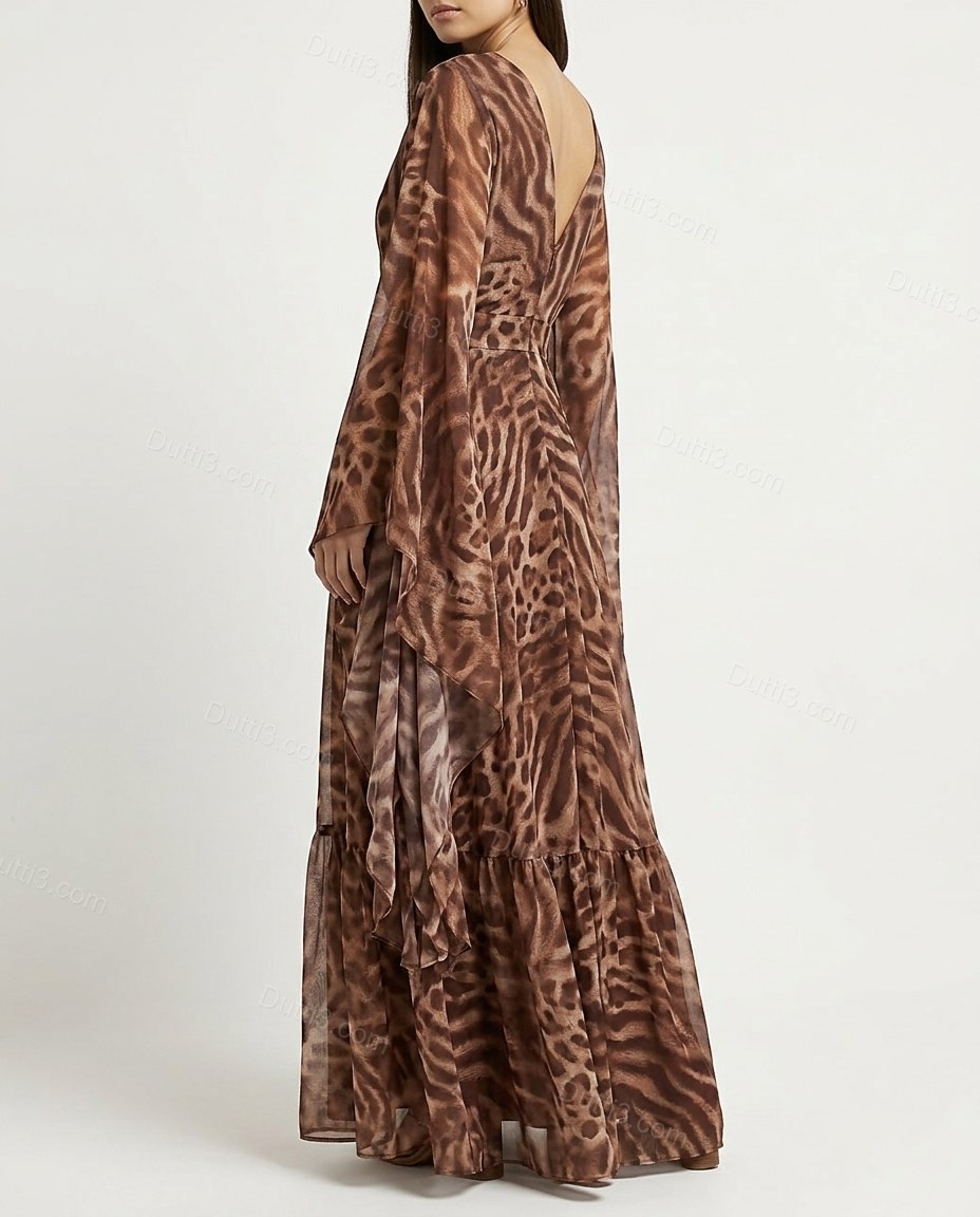 Brown Leopard Print Maxi Cape Dress, back studio view, by Dutti3