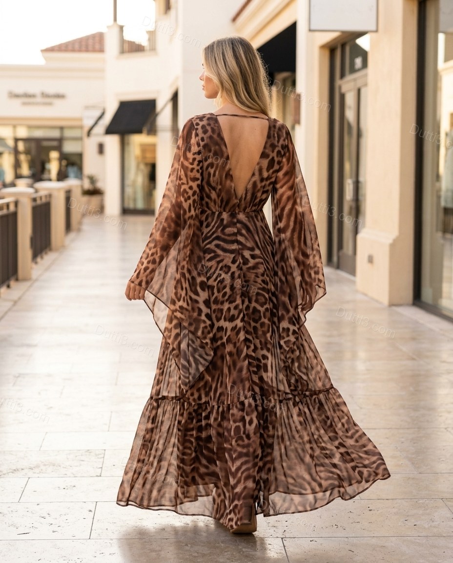 Brown Leopard Print Maxi Cape Dress, movement and fit lifestyle view, by Dutti3