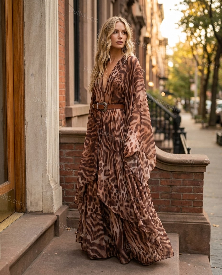 Brown Leopard Print Maxi Cape Dress, alternate use-case lifestyle view, by Dutti3