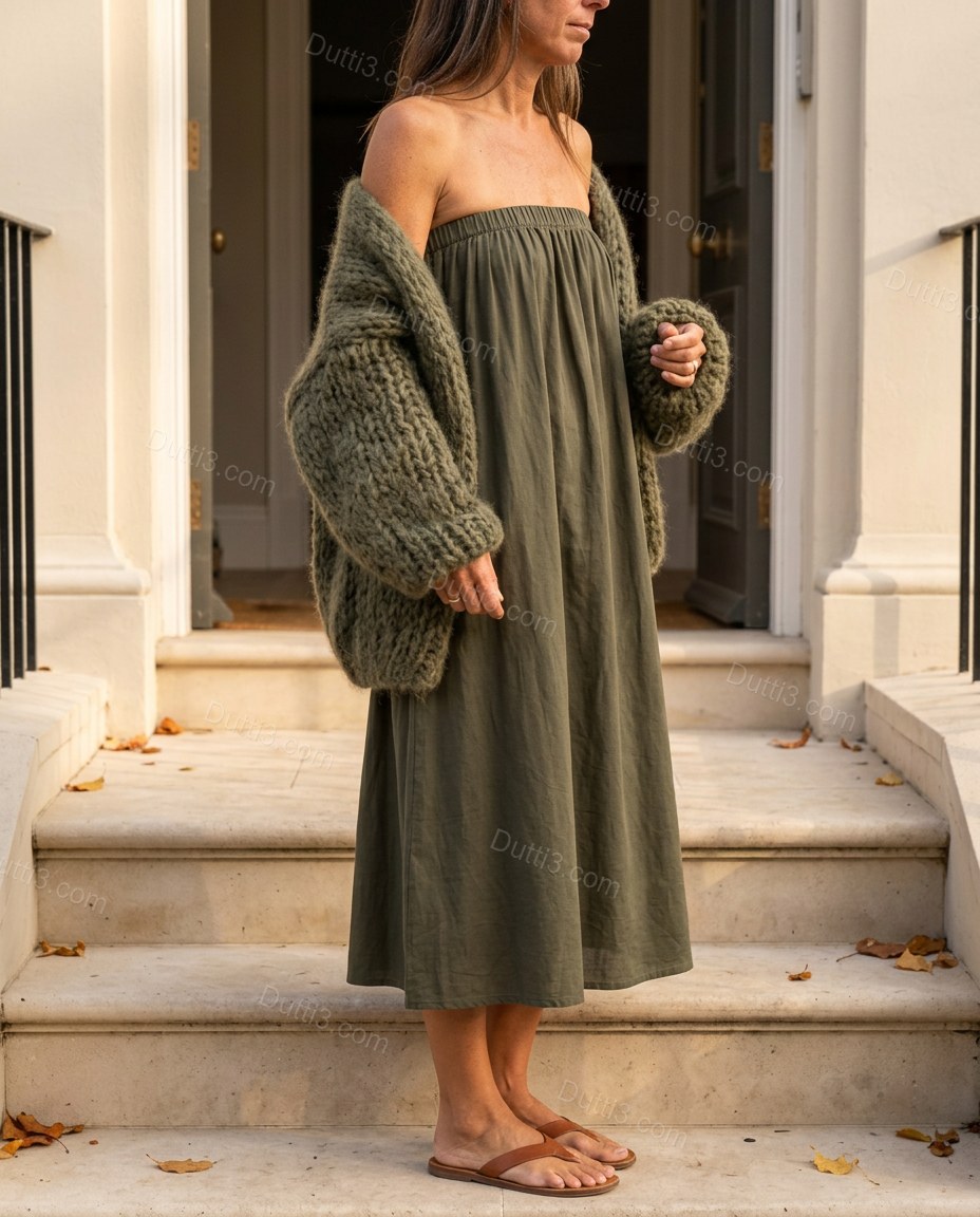 Olive Green Midi Cape Strapless Dress, three-quarter brand lifestyle view, by Dutti3