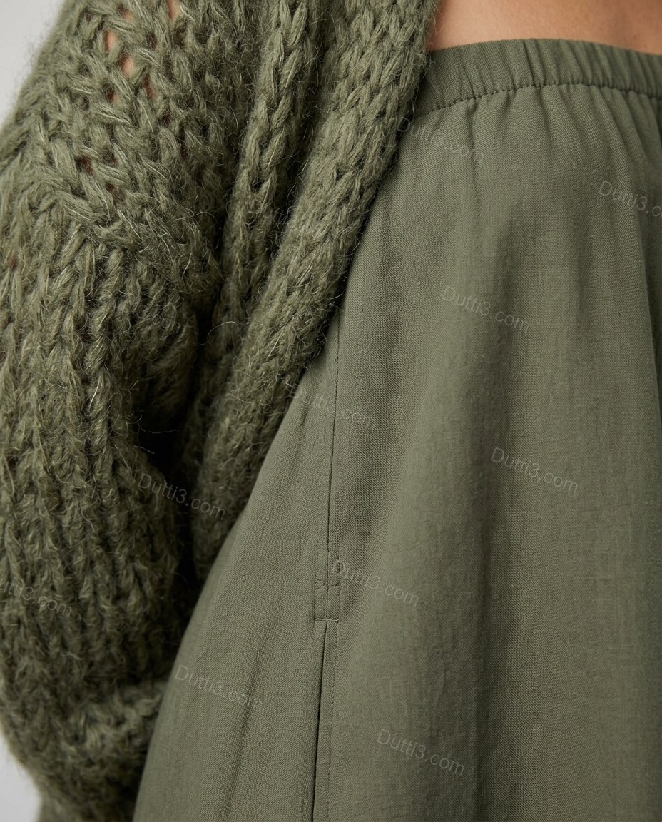 Olive Green Midi Cape Strapless Dress, close-up of gathered neckline, elasticized strapless bodice and gathered skirt, by Dutti3