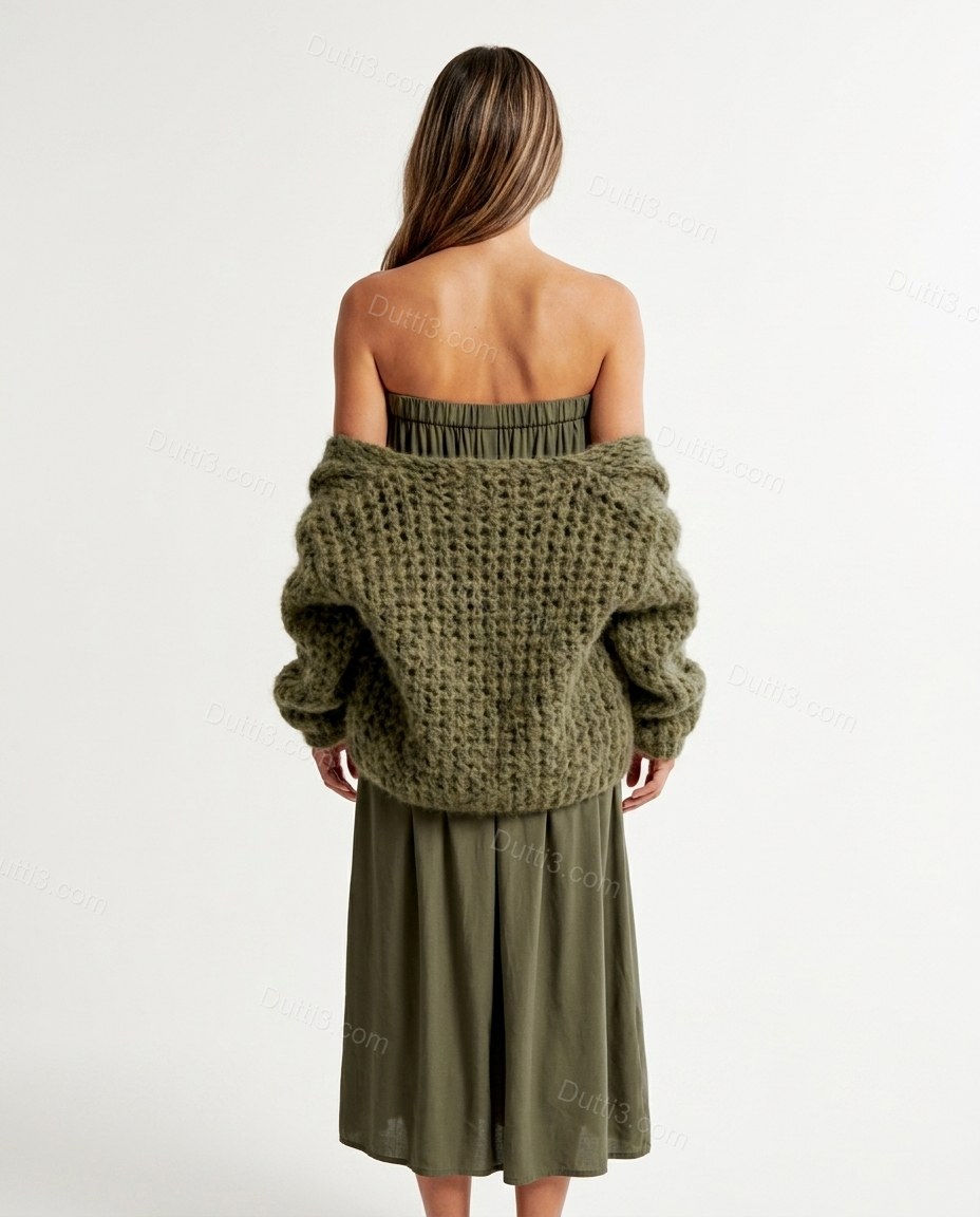 Olive Green Midi Cape Strapless Dress, back studio view, by Dutti3